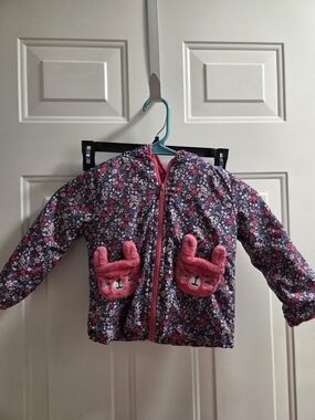 Penelope Mack Girls Floral Puffer Jacket with Pink Bunny Pockets
